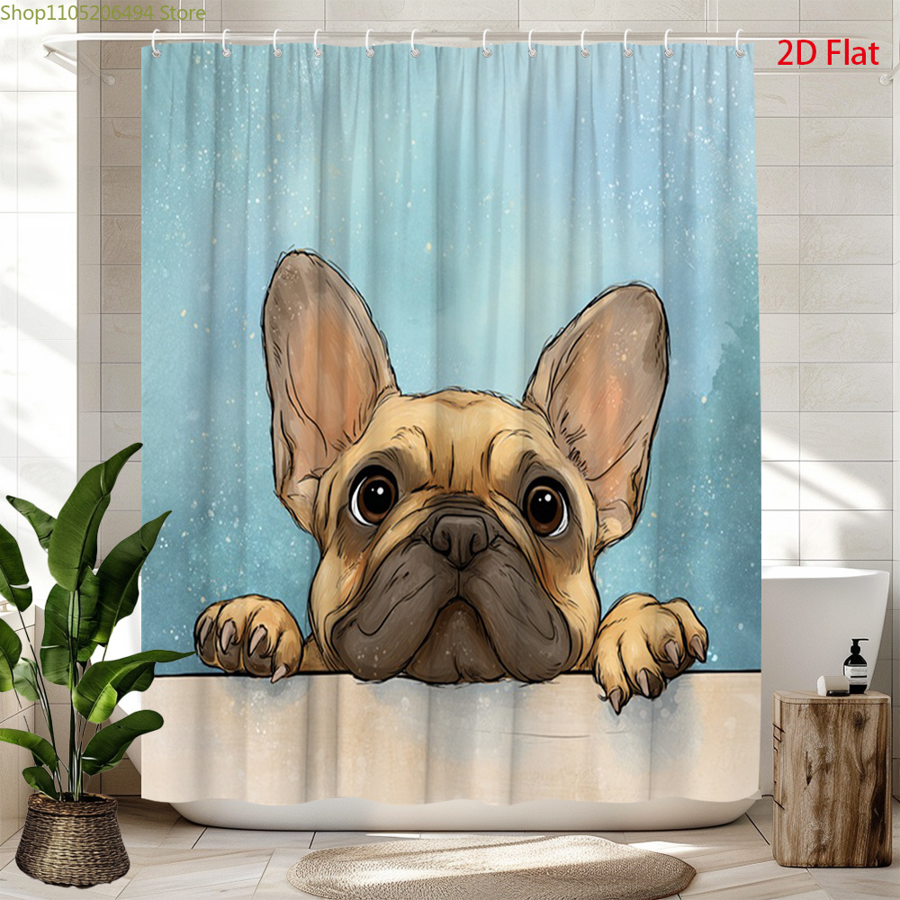 Adorable Home Bathroom Ideas - Urocza zasłona prysznicowa z buldogiem francuskim,