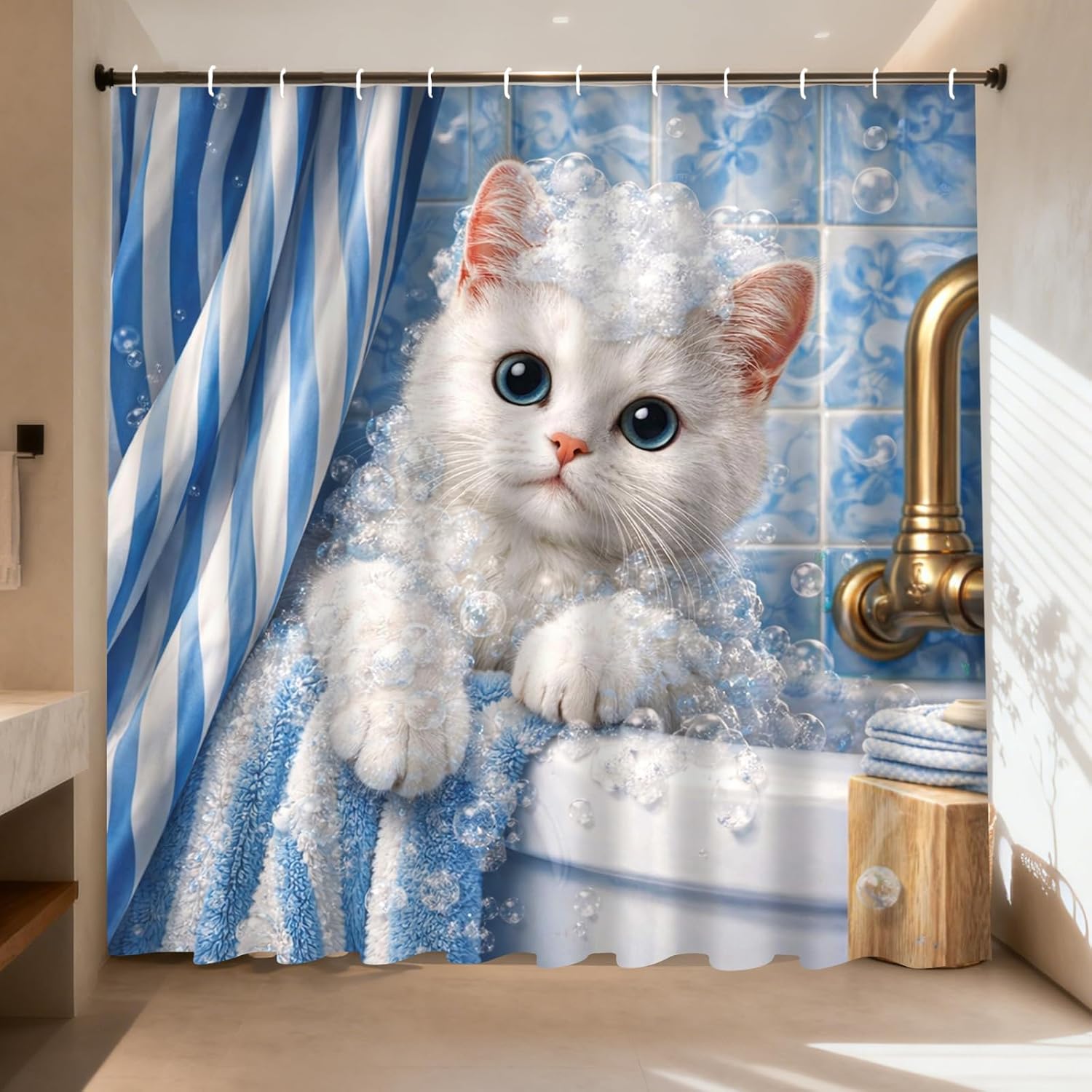 Adorable Home Bathroom Ideas - Urocza zasłona prysznicowa z kotkiem, niebieska